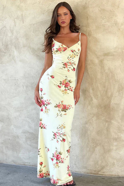 Julie | Elegant Printed Sleeveless  Rose Stripe Flowy Maxi Dress