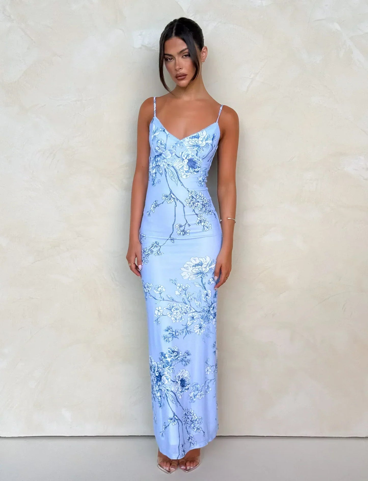 Julie | Elegant Printed Sleeveless  Rose Stripe Flowy Maxi Dress