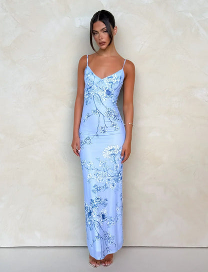 Julie | Elegant Printed Sleeveless  Rose Stripe Flowy Maxi Dress