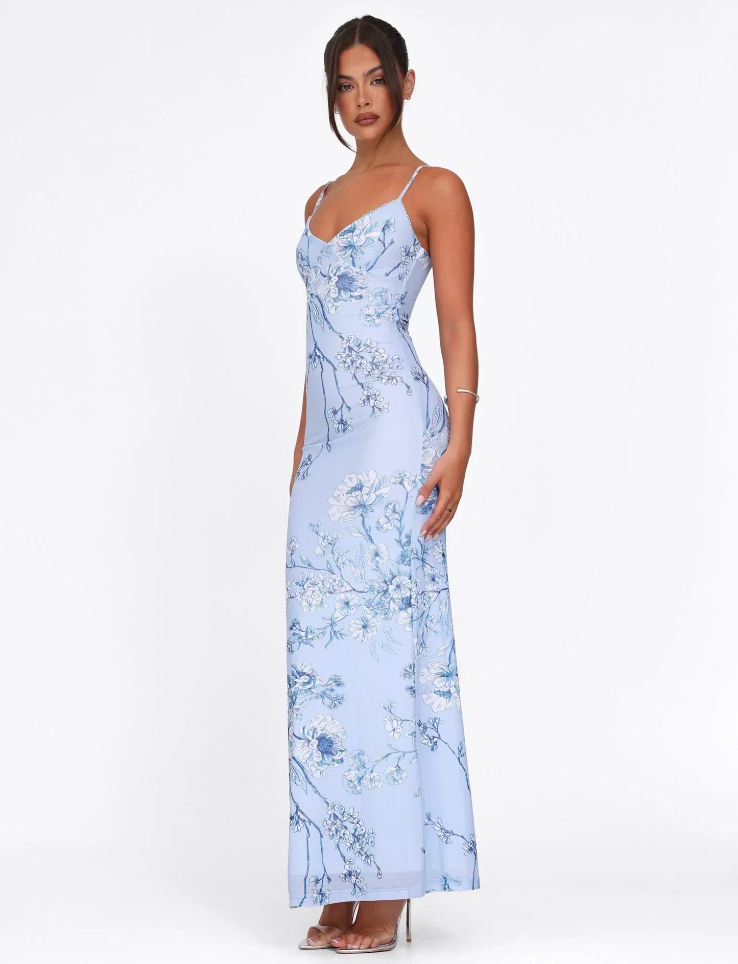 Julie | Elegant Printed Sleeveless  Rose Stripe Flowy Maxi Dress