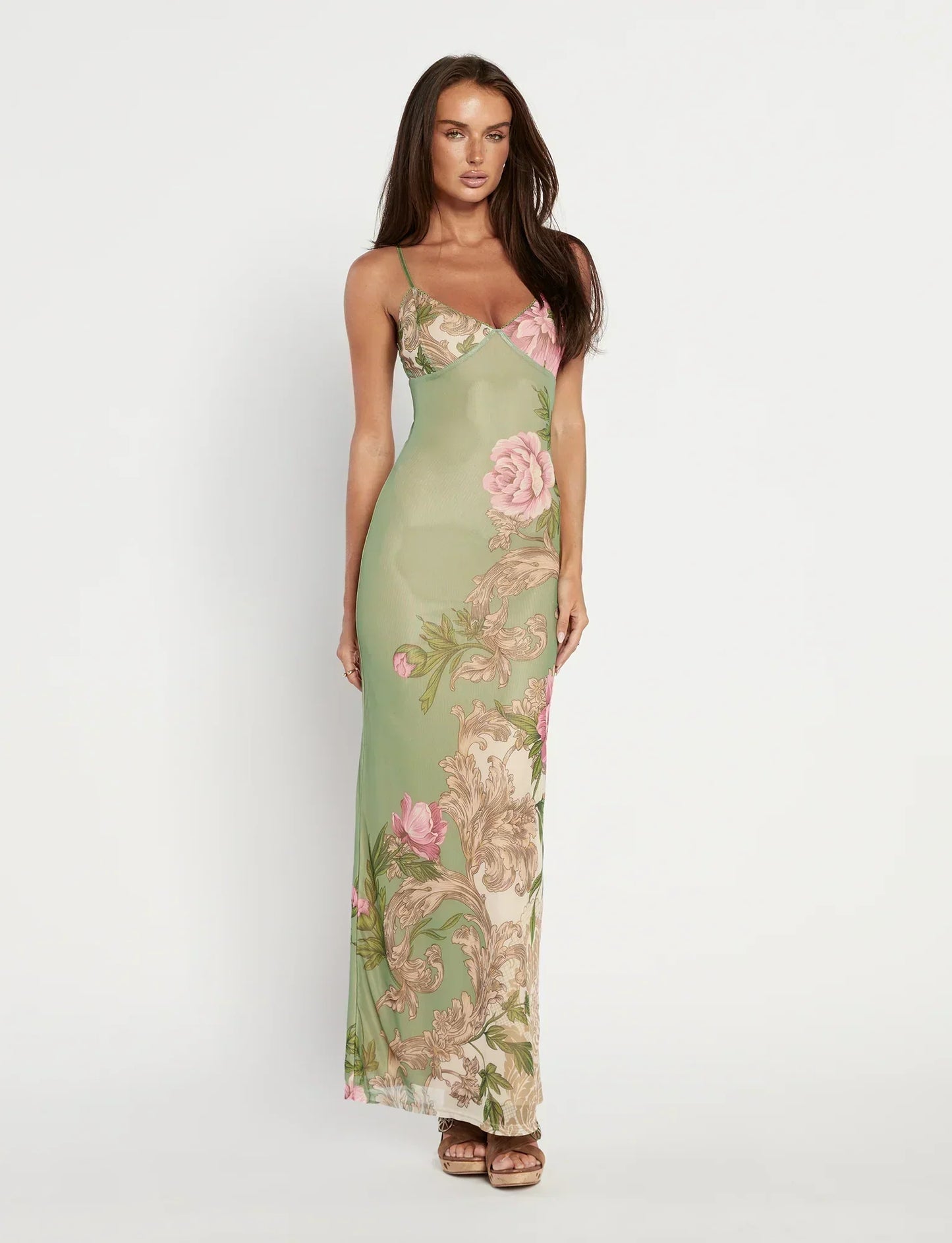 Julie | Elegant Printed Sleeveless  Rose Stripe Flowy Maxi Dress