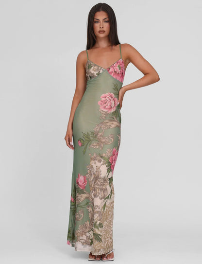 Julie | Elegant Printed Sleeveless  Rose Stripe Flowy Maxi Dress