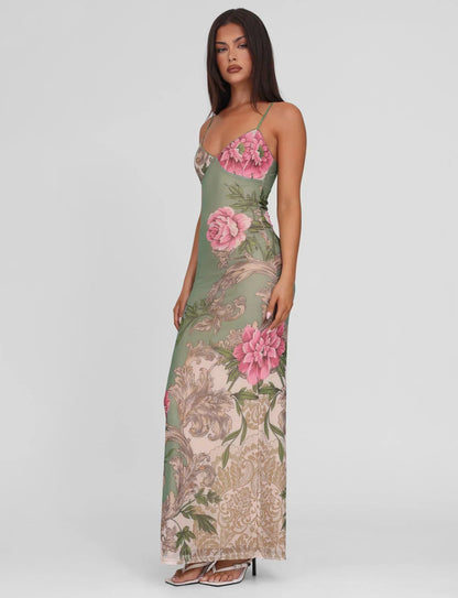 Julie | Elegant Printed Sleeveless  Rose Stripe Flowy Maxi Dress