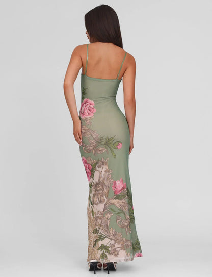 Julie | Elegant Printed Sleeveless  Rose Stripe Flowy Maxi Dress