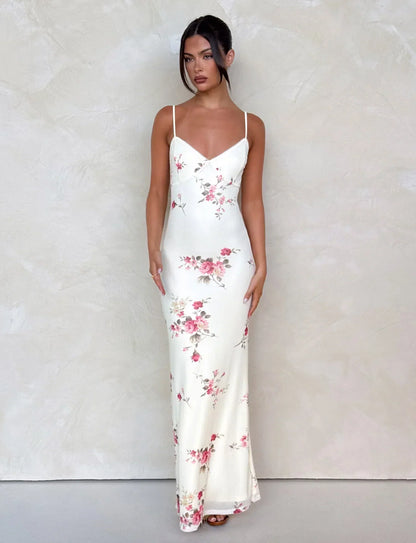 Julie | Elegant Printed Sleeveless  Rose Stripe Flowy Maxi Dress