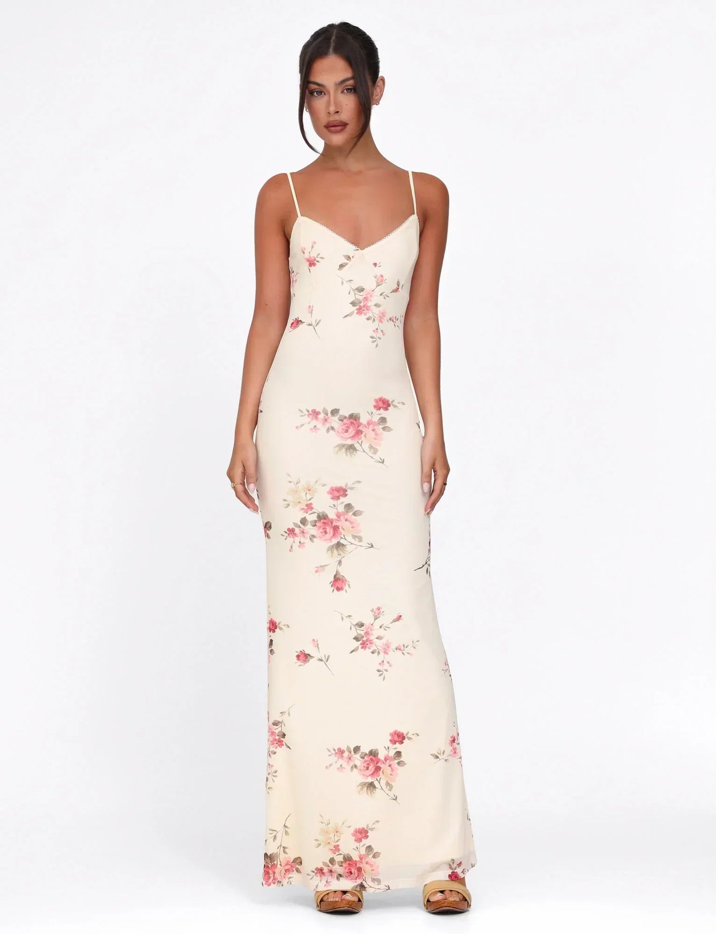 Julie | Elegant Printed Sleeveless  Rose Stripe Flowy Maxi Dress