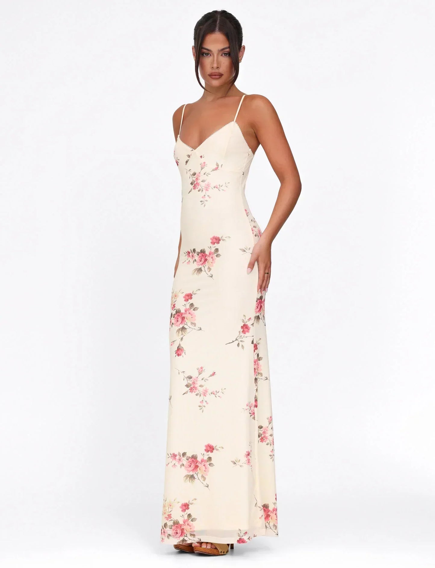Julie | Elegant Printed Sleeveless  Rose Stripe Flowy Maxi Dress