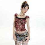 Top With Floral Pattern And Lace Trim And Mesh Pattern