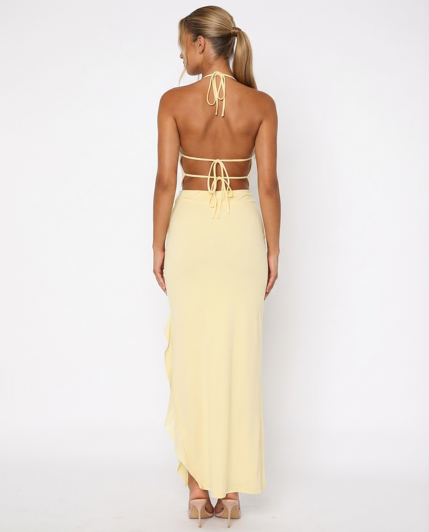 Shelly | Plunging Backless Maxi Dress with Ruffle Trim