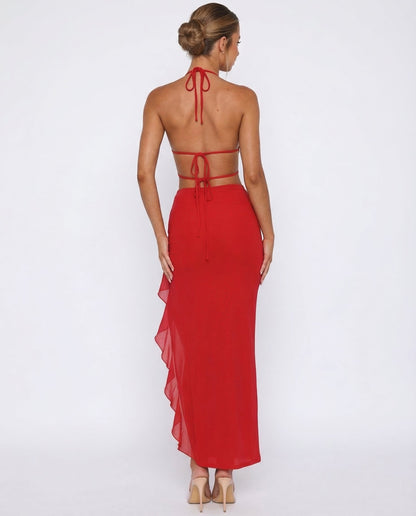 Shelly | Plunging Backless Maxi Dress with Ruffle Trim