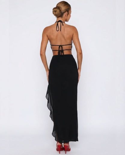 Shelly | Plunging Backless Maxi Dress with Ruffle Trim