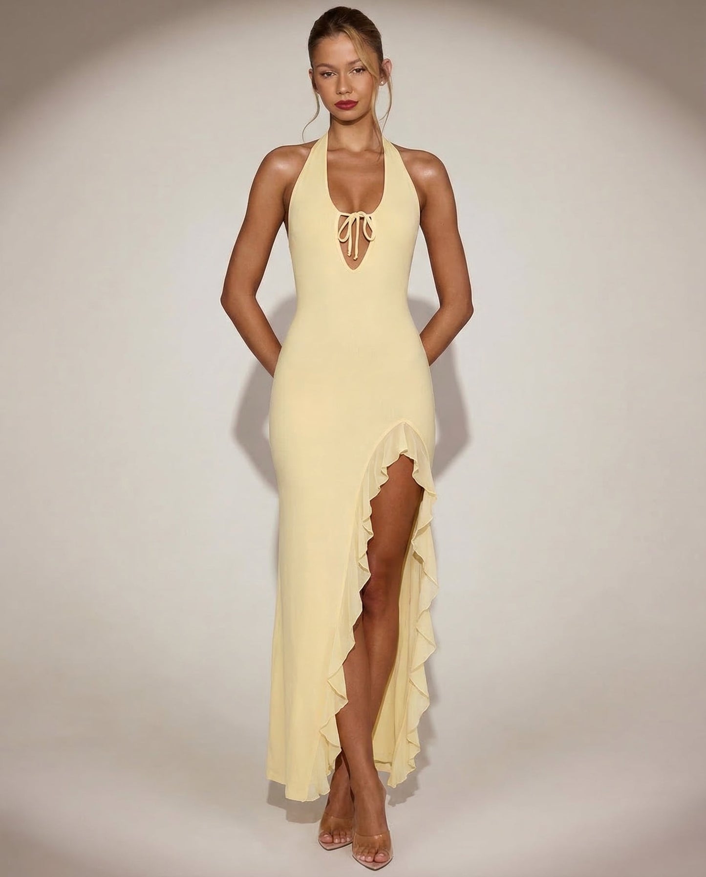 Shelly | Plunging Backless Maxi Dress with Ruffle Trim