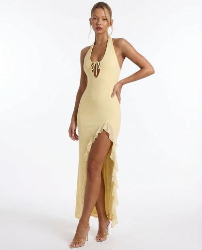 Shelly | Plunging Backless Maxi Dress with Ruffle Trim