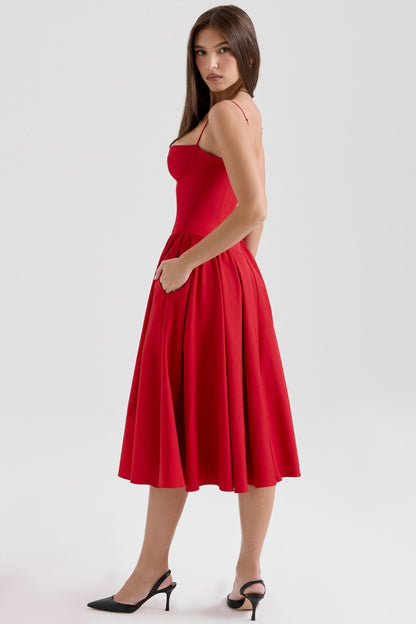 Katrina | Red Seam Detail Corset Bodice Midi Dress
