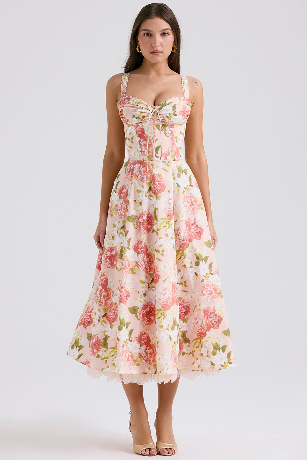 Camellia | Corseted Bustier Floral Stretch Cotton Midi Dress