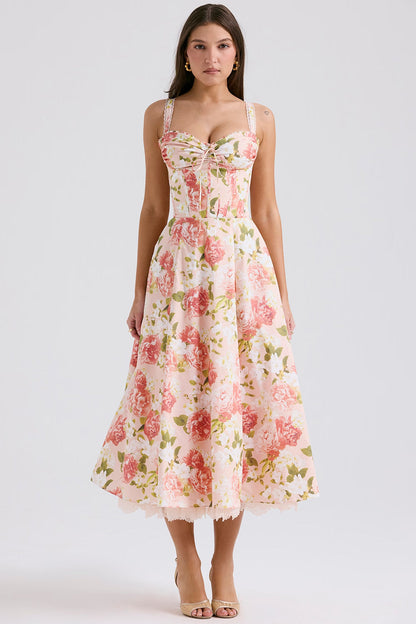 Camellia | Corseted Bustier Floral Stretch Cotton Midi Dress
