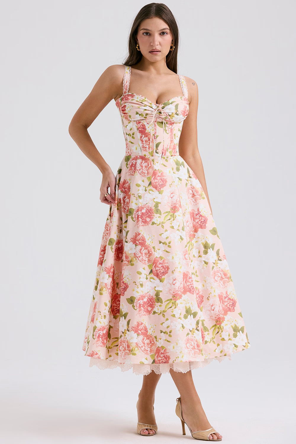 Camellia | Corseted Bustier Floral Stretch Cotton Midi Dress