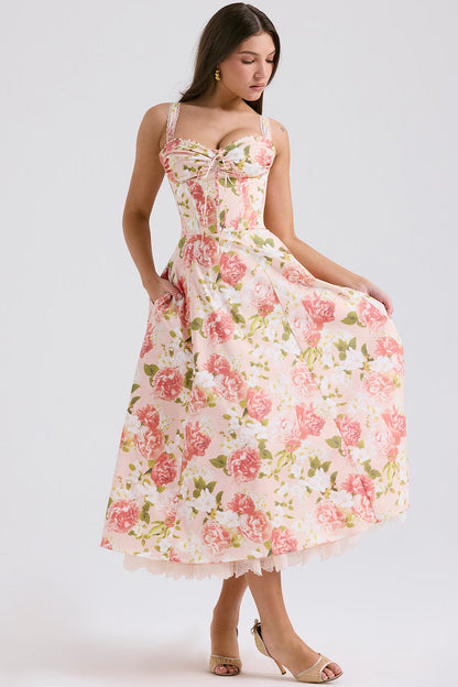 Camellia | Corseted Bustier Floral Stretch Cotton Midi Dress