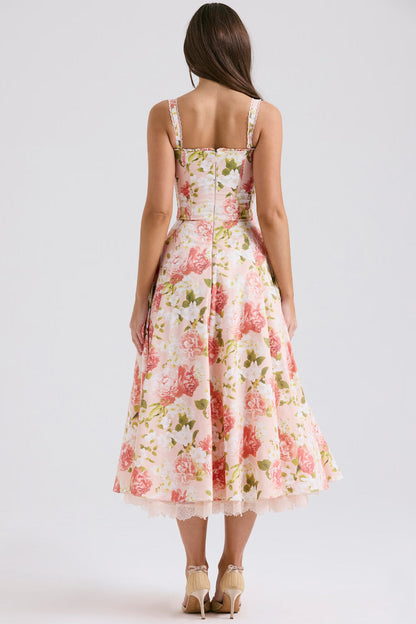 Camellia | Corseted Bustier Floral Stretch Cotton Midi Dress