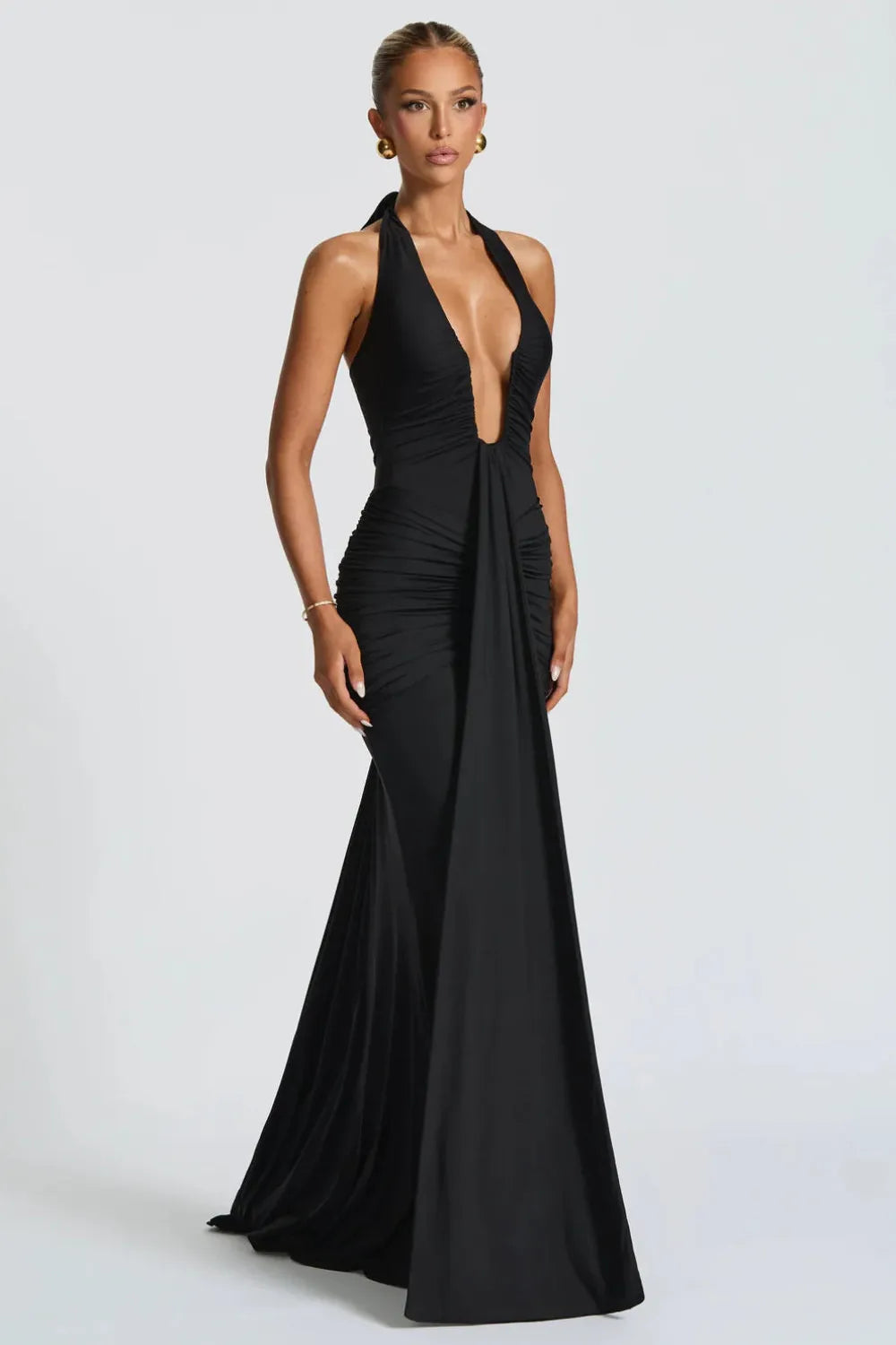 Bernadette | Plunging U-Wire Halter Draped Jersey Maxi Dress