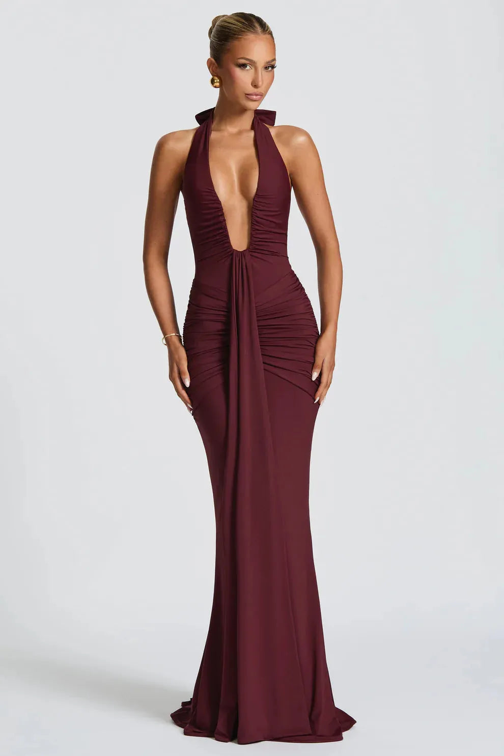 Bernadette | Plunging U-Wire Halter Draped Jersey Maxi Dress