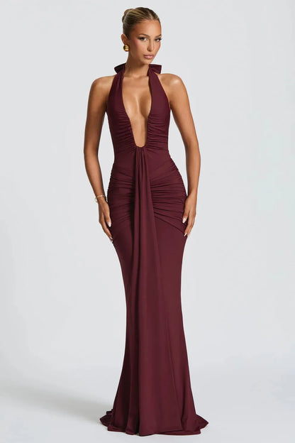 Bernadette | Plunging U-Wire Halter Draped Jersey Maxi Dress