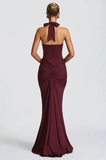 Bernadette | Plunging U-Wire Halter Draped Jersey Maxi Dress