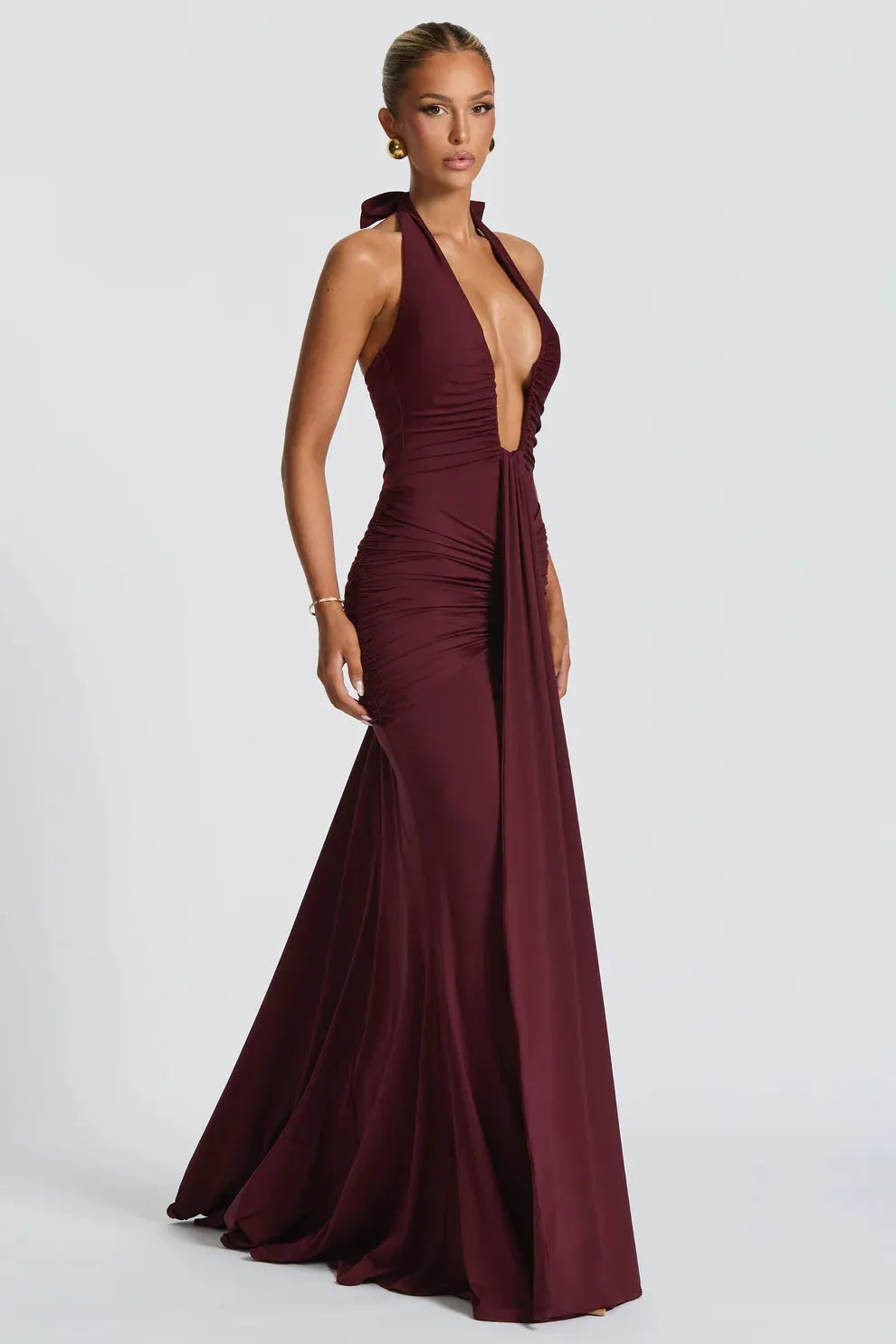 Bernadette | Plunging U-Wire Halter Draped Jersey Maxi Dress