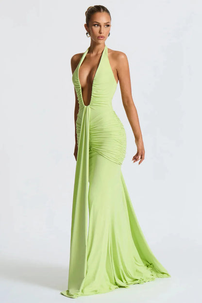 Bernadette | Plunging U-Wire Halter Draped Jersey Maxi Dress