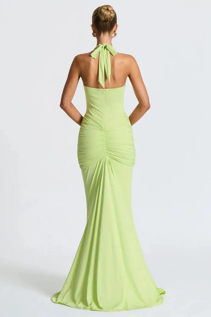 Bernadette | Plunging U-Wire Halter Draped Jersey Maxi Dress