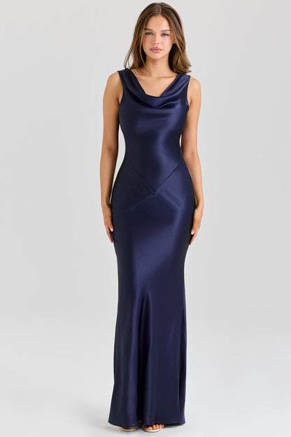 Felicia | Deep Sapphire Satin Cowl Neck Maxi Dress