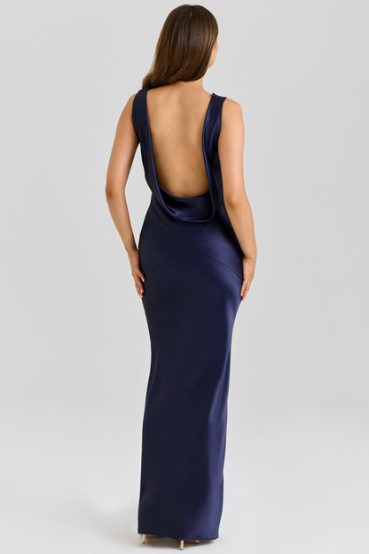 Felicia | Deep Sapphire Satin Cowl Neck Maxi Dress